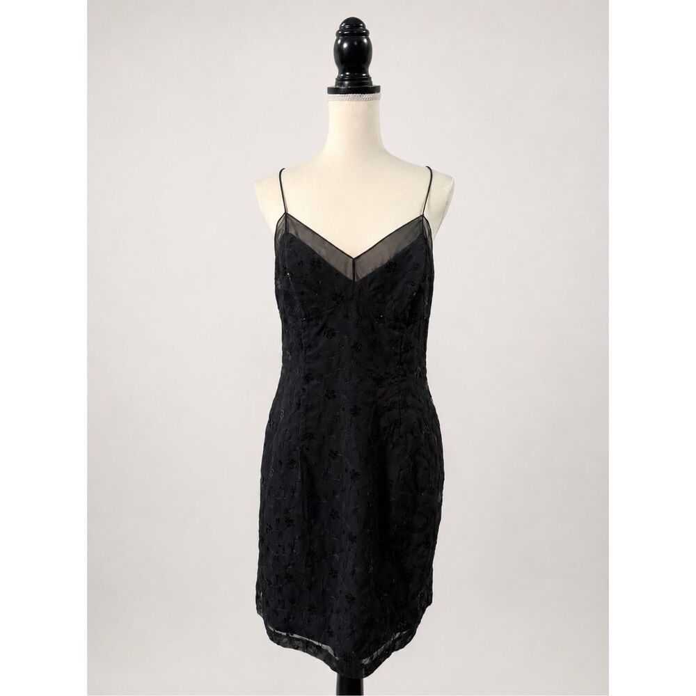 A.B.S Evening Collection Black Beaded Chiffon Slip Dress Size 10 Y2K Cocktail